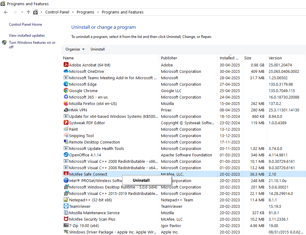 uninstall programs